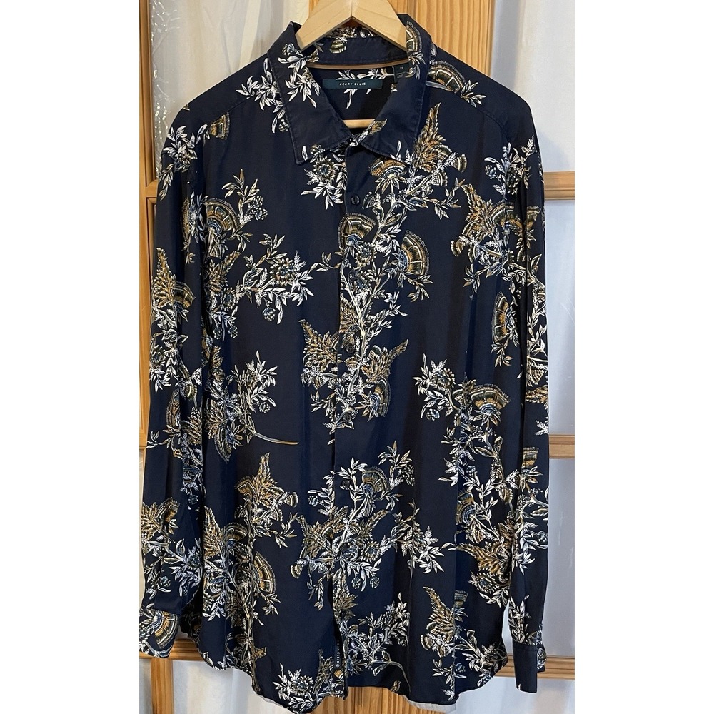 Vintage Perry Ellis Floral Button Mens Shirt 2X Gray Tan Lyocell Party Career